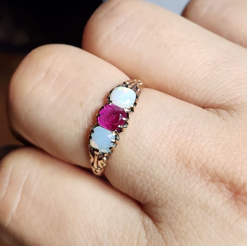 Antique Opal  Ruby 9ct Gold Ring